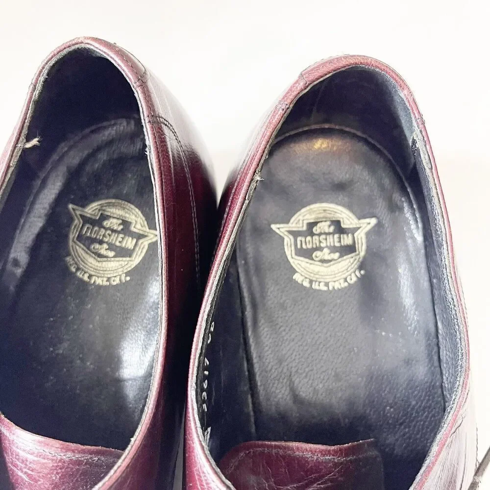 Vintage Florsheim Size 9.5D Burgundy Leather‎ Apron Toe Derby Dress Shoe 33617